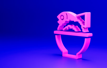 Pink Served fish on a bowl icon isolated on blue background. Minimalism concept. 3D render illustrationの写真素材