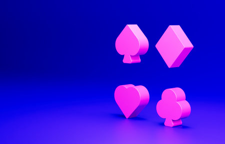 Pink Deck of playing cards icon isolated on blue background. Casino gambling. Minimalism concept. 3D render illustrationの写真素材