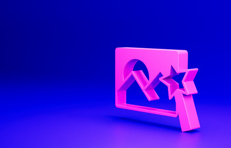 Pink Photo retouching icon isolated on blue background. Photographer, photography, retouch icon. Minimalism concept. 3D render illustrationの写真素材