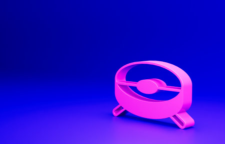 Pink Robot vacuum cleaner icon isolated on blue background. Home smart appliance for automatic vacuuming, digital device for house cleaning. Minimalism concept. 3D render illustrationの写真素材