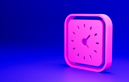 Pink Clock icon isolated on blue background. Time symbol. Minimalism concept. 3D render illustration