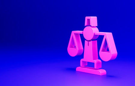 Pink Scales of justice icon isolated on blue background. Court of law symbol. Balance scale sign. Minimalism concept. 3D render illustrationの写真素材