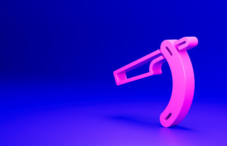 Pink Straight razor icon isolated on blue background. Barbershop symbol. Minimalism concept. 3D render illustrationの写真素材