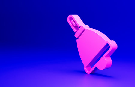 Pink Ringing bell icon isolated on blue background. Alarm symbol, service bell, handbell sign, notification symbol. Minimalism concept. 3D render illustrationの写真素材