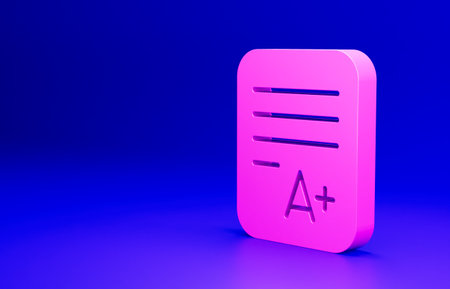 Pink Exam sheet with A plus grade icon isolated on blue background. Test paper, exam, or survey concept. School test or exam. Minimalism concept. 3D render illustrationの写真素材