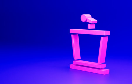 Pink Stage stand or debate podium rostrum icon isolated on blue background. Conference speech tribune. Minimalism concept. 3D render illustrationの写真素材