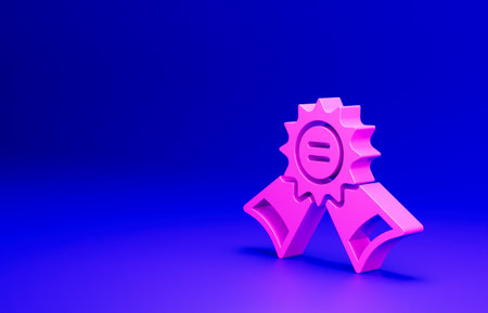 Pink Medal icon isolated on blue background. Winner symbol. Minimalism concept. 3D render illustrationの写真素材