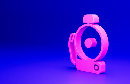 Pink Ringing alarm bell icon isolated on blue background. Alarm symbol, service bell, handbell sign, notification symbol. Minimalism concept. 3D render illustrationの写真素材