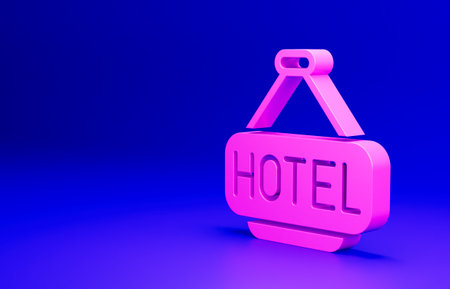 Pink Signboard outdoor advertising with text Hotel icon isolated on blue background. Minimalism concept. 3D render illustrationの写真素材
