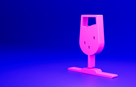 Pink Wine glass icon isolated on blue background. Wineglass sign. Minimalism concept. 3D render illustrationの写真素材