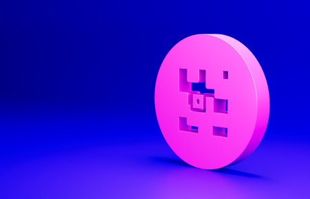 Pink QR code sample for smartphone scanning icon isolated on blue background. Minimalism concept. 3D render illustrationの写真素材