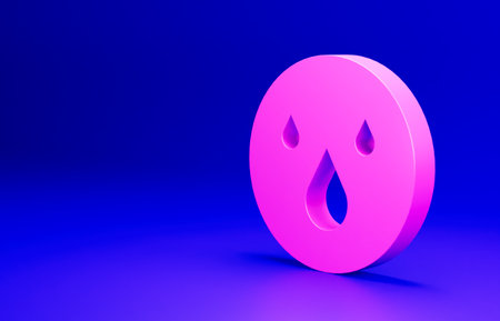 Pink Water drop icon isolated on blue background. Minimalism concept. 3D render illustrationの写真素材