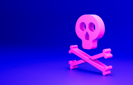 Pink Bones and skull as a sign of toxicity warning icon isolated on blue background. Minimalism concept. 3D render illustrationの写真素材
