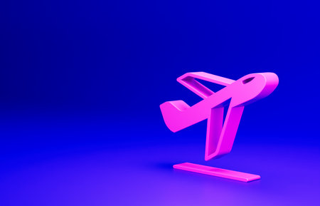 Pink Plane takeoff icon isolated on blue background. Airplane transport symbol. Minimalism concept. 3D render illustrationの写真素材