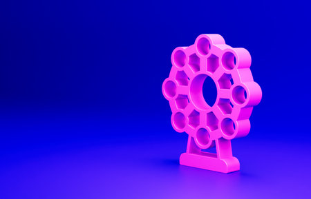 Pink Ferris wheel icon isolated on blue background. Amusement park. Children entertainment playground, recreation park. Minimalism concept. 3D render illustrationの写真素材