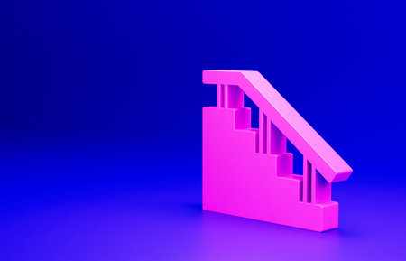 Pink Skateboard stairs with rail icon isolated on blue background. Minimalism concept. 3D render illustrationの写真素材