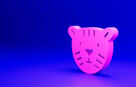 Pink Tiger head icon isolated on blue background. Minimalism concept. 3D render illustrationの写真素材