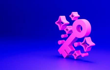 Pink Old magic key icon isolated on blue background. Minimalism concept. 3D render illustrationの写真素材