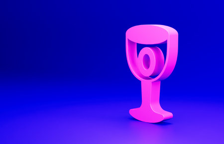 Pink Medieval goblet icon isolated on blue background. Holy grail. Minimalism concept. 3D render illustrationの写真素材
