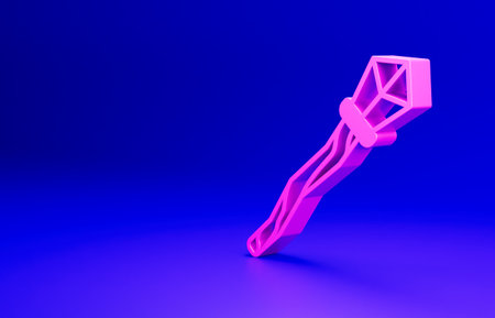 Pink Magic staff icon isolated on blue background. Magic wand, scepter, stick, rod. Minimalism concept. 3D render illustrationの写真素材