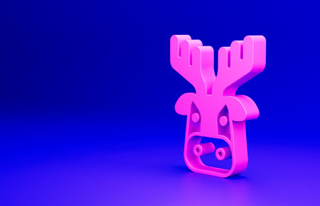 Pink Deer head with antlers icon isolated on blue background. Minimalism concept. 3D render illustrationの写真素材