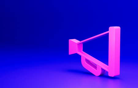 Pink Megaphone icon isolated on blue background. Speaker sign. Minimalism concept. 3D render illustrationの写真素材