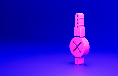 Pink No audio jack icon isolated on blue background. Audio cable for connection sound equipment. Plug wire. Musical instrument. Minimalism concept. 3D render illustrationの写真素材