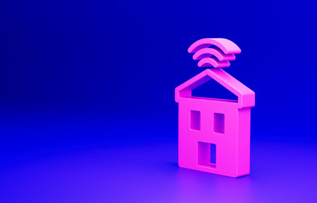 Pink Smart home with wifi icon isolated on blue background. Remote control. Minimalism concept. 3D render illustrationの写真素材
