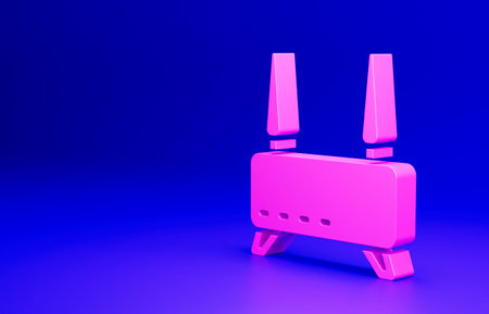 Pink Router and wifi signal icon isolated on blue background. Wireless modem router. Computer technology internet. Minimalism concept. 3D render illustrationの写真素材