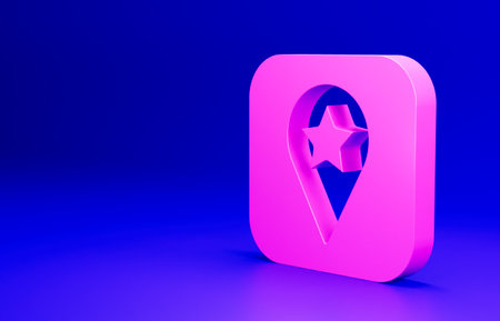 Pink Location for camping or tours and travels icon isolated on blue background. Minimalism concept. 3D render illustrationの写真素材