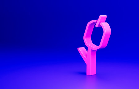 Pink Marshmallow on stick icon isolated on blue background. Minimalism concept. 3D render illustrationの写真素材