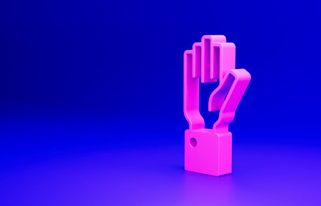 Pink Hand holding auction icon isolated on blue background. Bidding concept. Auction competition. Minimalism concept. 3D render illustrationの写真素材