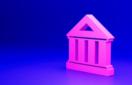 Pink Museum building icon isolated on blue background. Minimalism concept. 3D render illustrationの写真素材