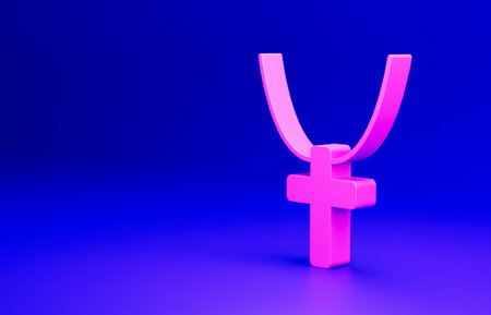 Pink Christian cross on chain icon isolated on blue background. Church cross. Minimalism concept. 3D render illustrationの写真素材
