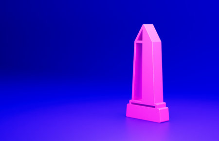 Pink Obelisk of Alexandria icon isolated on blue background. Stone monument. Historical monument. High pillar memorial and column. Minimalism concept. 3D render illustrationの写真素材