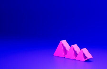 Pink Egypt pyramids icon isolated on blue background. Symbol of ancient Egypt. Minimalism concept....