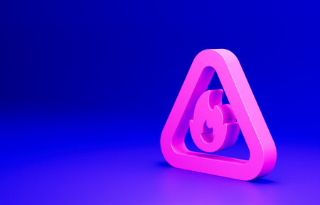 Pink Fire flame in triangle icon isolated on blue background. Warning sign of flammable product. Minimalism concept. 3D render illustrationの写真素材