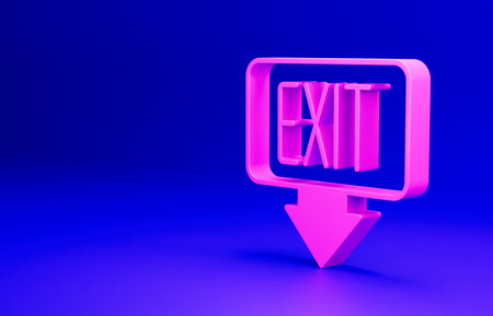 Pink Fire exit icon isolated on blue background. Fire emergency icon. Minimalism concept. 3D render illustrationの写真素材