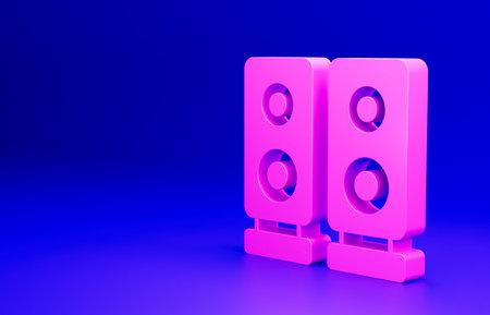Pink Stereo speaker icon isolated on blue background. Sound system speakers. Music icon. Musical column speaker bass equipment. Minimalism concept. 3D render illustrationの写真素材