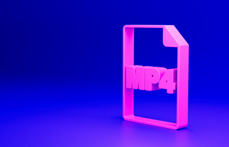 Pink MP4 file document. Download mp4 button icon isolated on blue background. MP4 file symbol. Minimalism concept. 3D render illustrationの写真素材