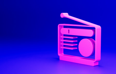 Pink Radio with antenna icon isolated on blue background. Minimalism concept. 3D render illustrationの写真素材