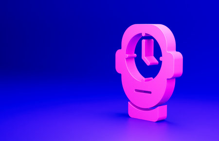 Pink Clock icon isolated on blue background. Time symbol. Minimalism concept. 3D render illustrationの写真素材