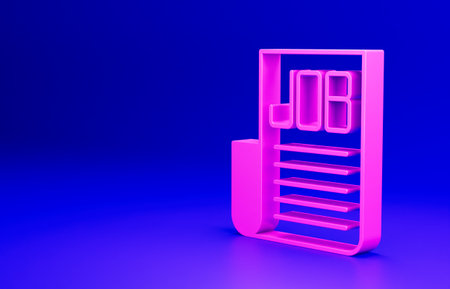 Pink Search job icon isolated on blue background. Recruitment or selection concept. Human resource and recruitment for business. Minimalism concept. 3D render illustrationの写真素材