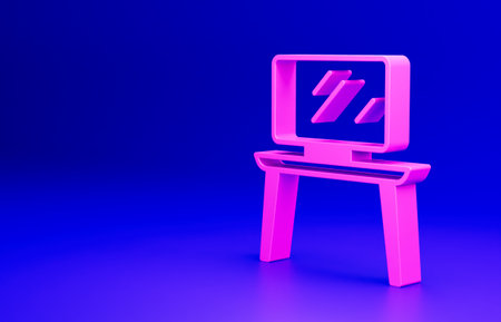 Pink TV table stand icon isolated on blue background. Minimalism concept. 3D render illustrationの写真素材