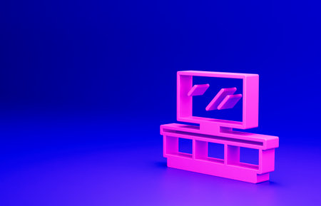 Pink TV table stand icon isolated on blue background. Minimalism concept. 3D render illustrationの写真素材