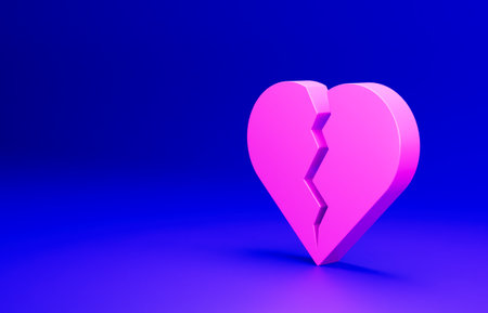 Pink Broken heart or divorce icon isolated on blue background. Love symbol. Happy Valentines day. Minimalism concept. 3D render illustrationの写真素材