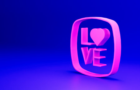 Pink Love text icon isolated on blue background. Valentines day greeting card template. Minimalism concept. 3D render illustrationの写真素材