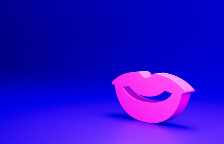 Pink Smiling lips icon isolated on blue background. Smile symbol. Minimalism concept. 3D render illustrationの写真素材