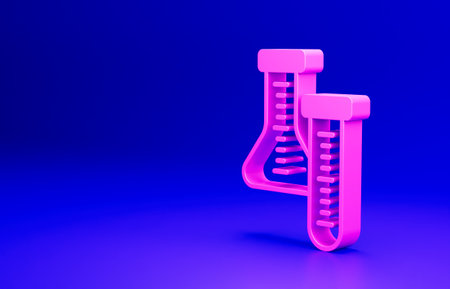Pink Test tube and flask chemical laboratory test icon isolated on blue background. Laboratory glassware sign. Minimalism concept. 3D render illustrationの写真素材