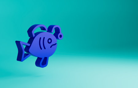 Blue Tropical fish icon isolated on blue background. Exotic fish. Minimalism concept. 3D render illustrationの写真素材